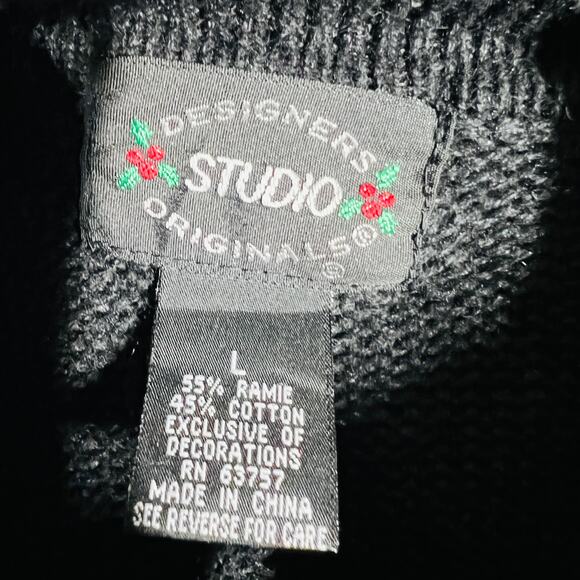 Vintage Christmas Sweater Designers Orig Full Zip Cardigan Black Silver - L - Picture 6 of 6